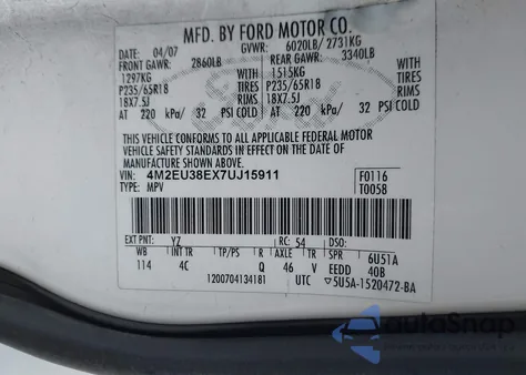 2007 Mercury Mountaineer Premier from USA, damaged, VIN 4M2EU38EX7UJ15911